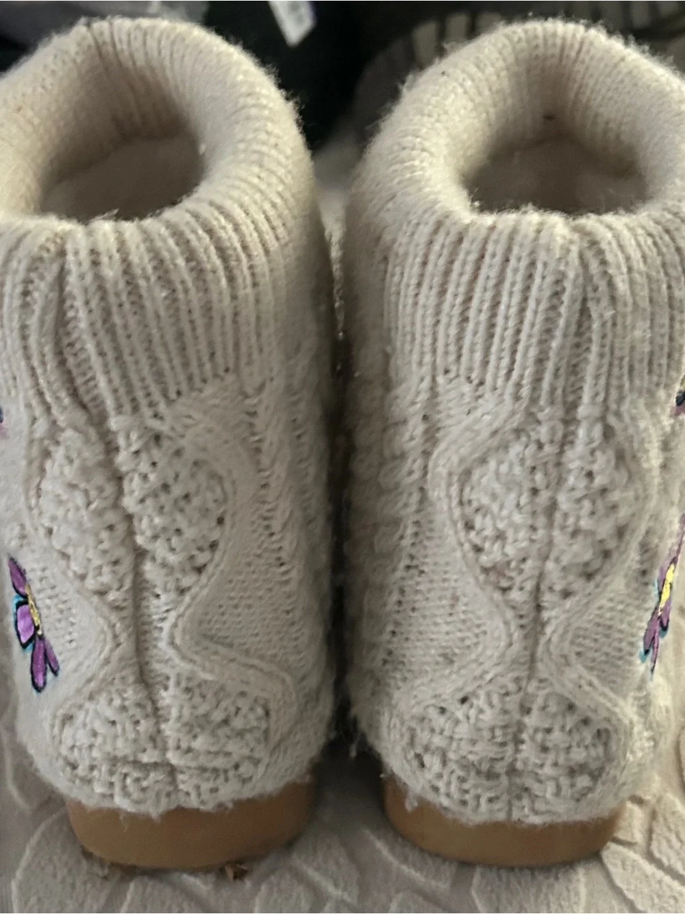 Steve Madden Cream Sweater Cuff Kids Boots w/Colorful Embroidered Patch Accents